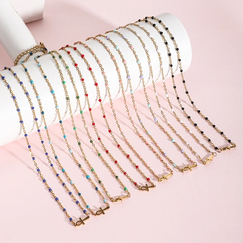 Collana Con Pendente Croce Ankh Egiziana Acciaio Inossidabile Placcato Oro Perline Di Smalto Gioielli Etnici Per Donna