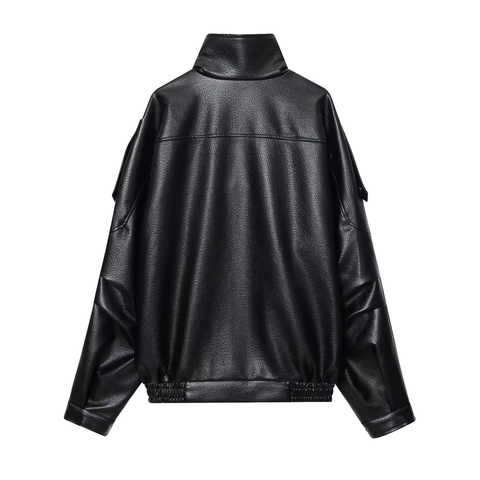 Women Faux Leather Biker Jacket Short PU Moto Coat With Belt And Stand Collar Casual Streetwear Black