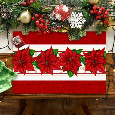 Sets De Table Noël Polyester Isolant Thermique Résistant Aux Taches Poinsettia Rouge Décoration De Table Fête