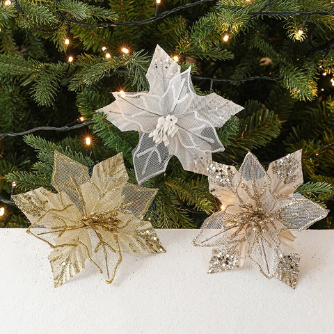 Artificial Christmas Poinsettia Flowers Glitter Mesh Hollow Design For Tree Ornament Wreath DIY Holiday Home Decoration