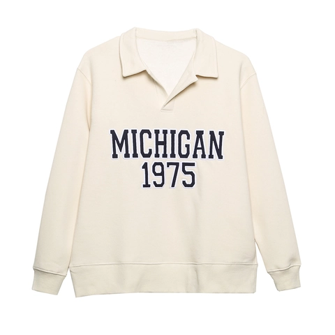 Women Lapel Long Sleeve Sweatshirt And Joggers Letter Print American Retro Style Casual Loungewear Cream
