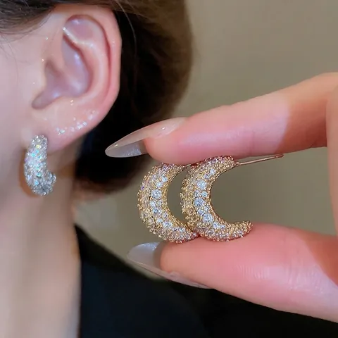 Crescent Moon Shaped Stud Earrings Copper Micro Pave Zircon Elegant Versatile Jewelry With Silver Earring Post