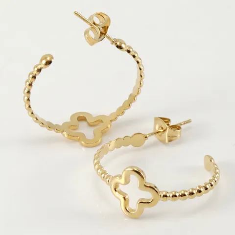 C-Shape Hoop Earrings 18K Gold Plated Stainless Steel Hollow Four-Leaf Clover Beaded Texture Fashion Jewelry For Women