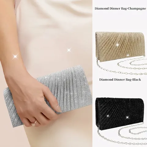 Bolso De Noche Para Mujer Plisado Con Purpurina PVC Con Correa De Cadena Desmontable Elegante Para Fiesta Boda