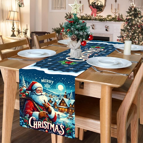 Christmas Table Runner Polyester Blue Plaid Santa Claus Snowflake Pattern Dining Table Restaurant Party Festival Decor