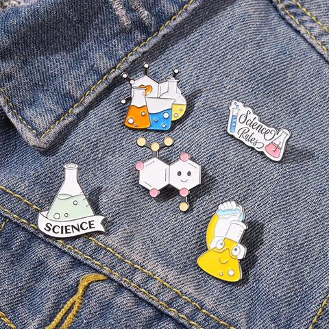Creative Science Enamel Pin Laboratory Beaker Test Tube Molecular Structure Brooch Science Rules Badge For Teachers Students