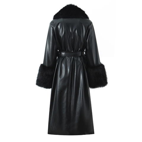 Dames Lange PU Leren Jas Met Kraag Van Kunstbont Ceintuur Casual Slanke Pasvorm Winterjas