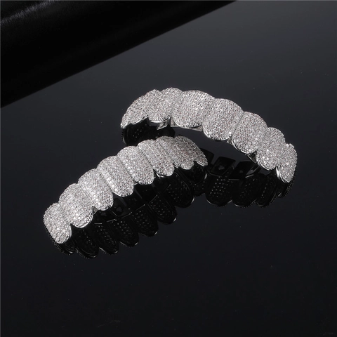 Hip Hop Iced Out Teeth Grillz Copper Rhinestone Gold Silver Plated Top And Bottom For Men Women Party Jewelry