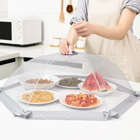 Foldable Mesh Food Cover Umbrella Design Large Dining Table Tent Dustproof Fly Proof For Kitchen Picnic Outdoor Grey Polyester