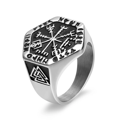 Wikinger Kompass Ring Edelstahl Vegvisir Runen Siegelring Retro Nordisch Punk Schmuck Für Männer Antik Silber Schwarz
