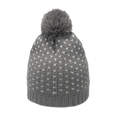 Heart Pattern Jacquard Knit Beanie Hat With Pom-Pom Winter Warm Ribbed Cuff Soft Skull Cap Trendy Casual For Women