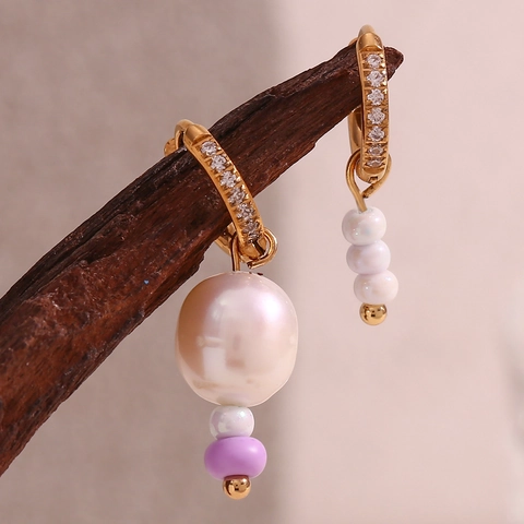 Y2K Asymmetric Stainless Steel Hoop Earrings With Artificial Pearl Purple Beaded Rhinestone 18K Gold Plated Jewelry For Women