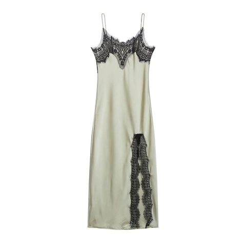 Satin Maxikleid Damen Schwarz Spitzenbesatz Seitenschlitz Sexy Spaghettiträger V Ausschnitt Rückenfrei Salbeigrün