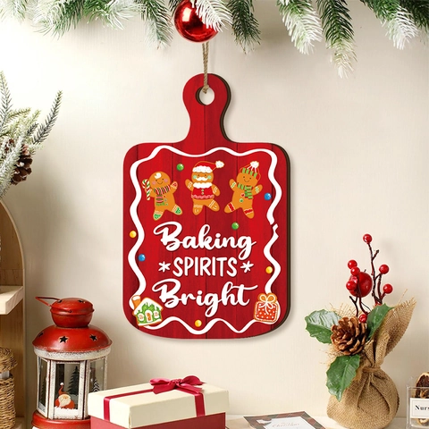 Christmas Wooden Hanging Sign Cutting Board Shape Gingerbread Man Door Plaque Baking Spirits Bright Rustic Holiday Decor