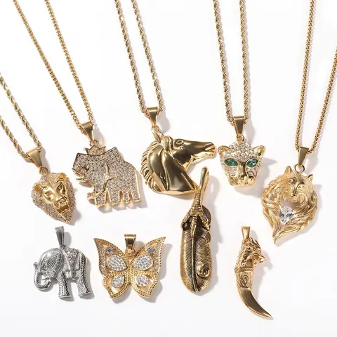 Hip Hop Animal Pendant Necklace Gold Plated Stainless Steel Rhinestone Lion Elephant Butterfly Wolf Jewelry For Men
