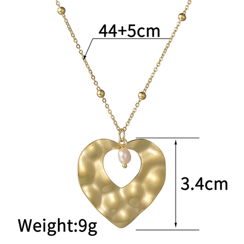 Fashion Gold Plated Stainless Steel Hammered Heart Pendant Necklace For Women Elegant Artificial Pearl Jewelry Gift