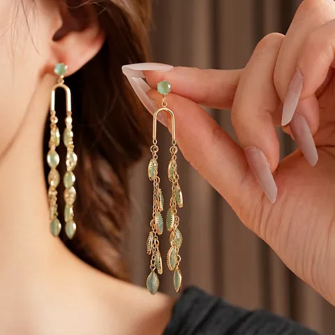Elegante Blad Lange Kwastje Hangende Oorbellen Kattenoogsteen Sieraden Met Zilveren Oorbelpost Voor Dames Vintage Chic Accessoires
