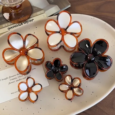 Flower Hair Claw Clip Acrylic Tortoiseshell Floral Shark Clip Vintage Retro French Style Elegant Hair Accessory For Women