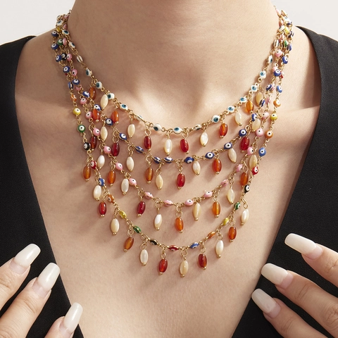 Bohemian Stainless Steel Evil Eye Necklace Multi Color Agate Pendant Gold Plated Chain Necklace For Women Fashion Jewelry