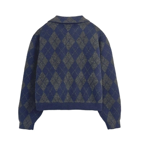 Giacca Cardigan In Maglia Argyle Da Donna Con Cerniera Scollo A V Manica Lunga Tessuto In Poliestere Acrilico Casual Retrò