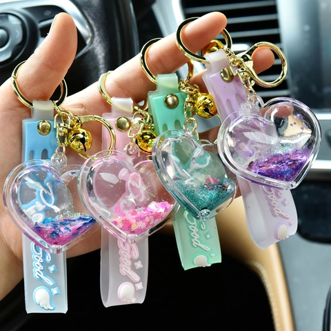 Cute Heart Liquid Quicksand Keychain Acrylic Moving Oil Keyring With Bell And Wrist Strap Creative Bag Charm Gift For Women