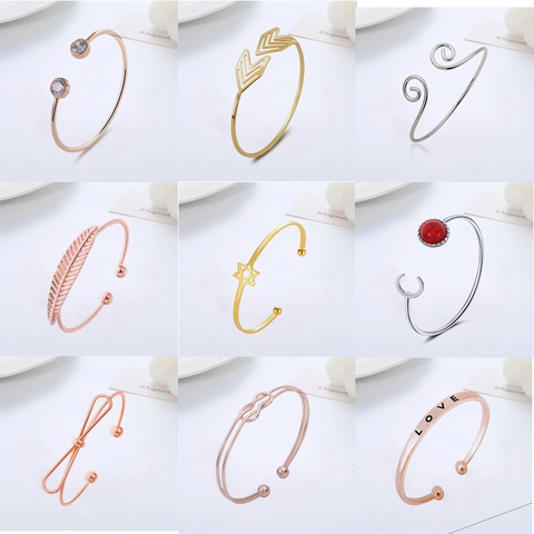 Adjustable Open Cuff Bracelet Alloy Geometric Leaf Bow Wing Heart Charm Bangle Fashion Jewelry For Women
