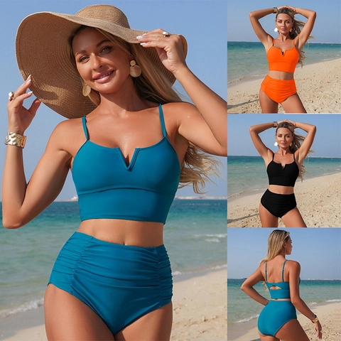 Damen Bikini Oberteil Und Hohe Taille Geraffte Hose Nylon V Ausschnitt Einfarbig Ärmellose Strandmode