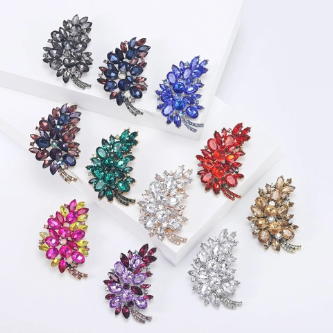 Vintage Leaf Tree Flower Brooch Pin For Women Alloy Rhinestone Crystal Elegant Banquet Wedding Accessory Fashion Jewelry