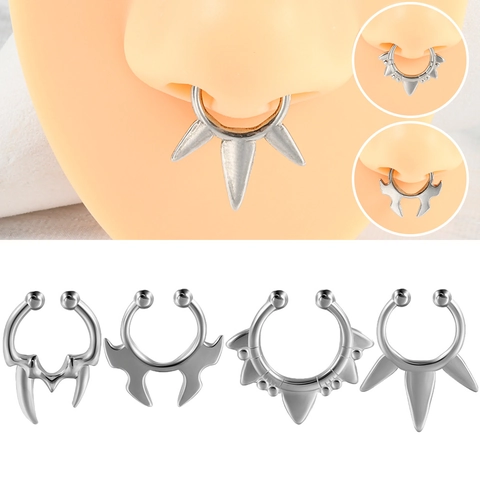 Stainless Steel Fake Septum Nose Ring Non Pierced Clip On U Shaped Punk Gothic Bat Wings Vampire Fangs Jewelry Unisex