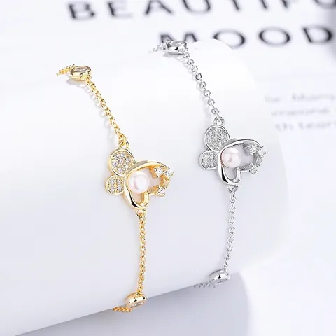 Pulsera De Mariposa Y Perla Artificial De Plata De Ley 925 Con Circonita Ajustable Joyería Elegante Para Mujer