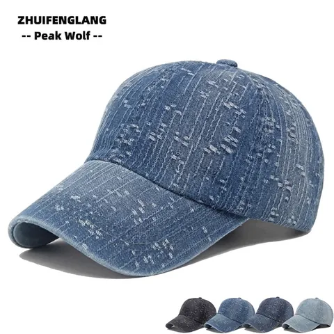 Washed Cotton Denim Baseball Cap Distressed Jacquard Pattern Adjustable Buckle Outdoor Streetwear Vintage Hat Unisex