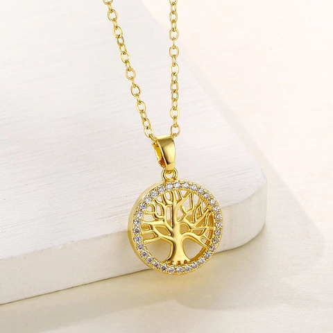 Tree Of Life Pendant Necklace Stainless Steel Round Hollow Zircon Inlaid Elegant Fashion Jewelry For Women