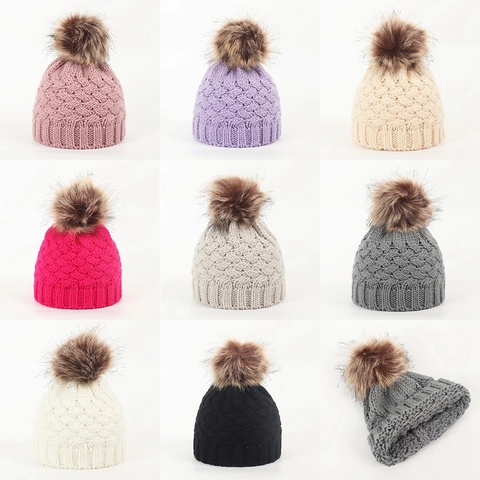 Baby Knit Beanie Hat Winter Warm Solid Color With Pom Pom For Infants And Toddlers Acrylic Soft Warm Cap