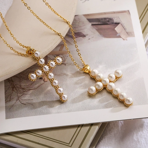 Collana Con Ciondolo A Croce In Rame Placcato Oro Con Künstliche Perle Bianche Gioielli Eleganti Retro Per Donne Fatti A Mano