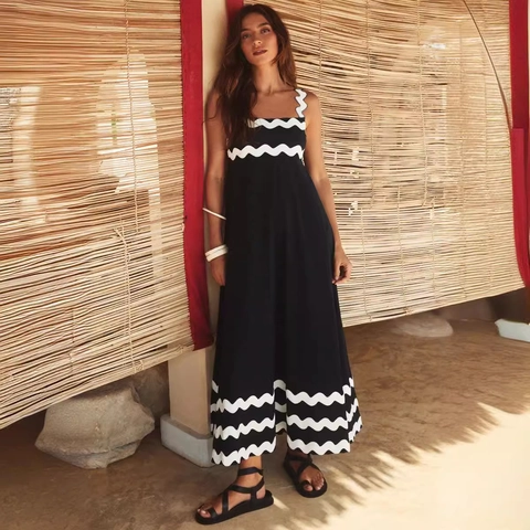 Women Floral Print Scalloped Trim Cami Maxi Dress Boho Vacation Sleeveless Square Neck High Waist Polyester Smocked Back