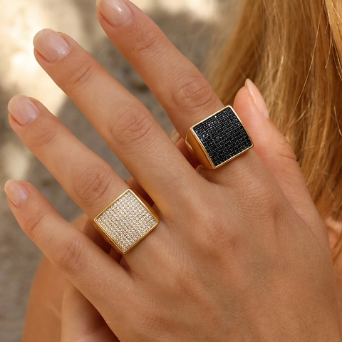 Square Face Ring Gold Plated Copper Pavé Zircon Geometric Hip Hop Style Adjustable Unisex