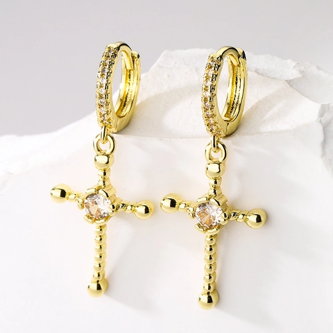 Copper Gold Plated Zircon Cross Pendant Earrings Geometric Hoop Dangle Religious Fashion Jewelry For Women