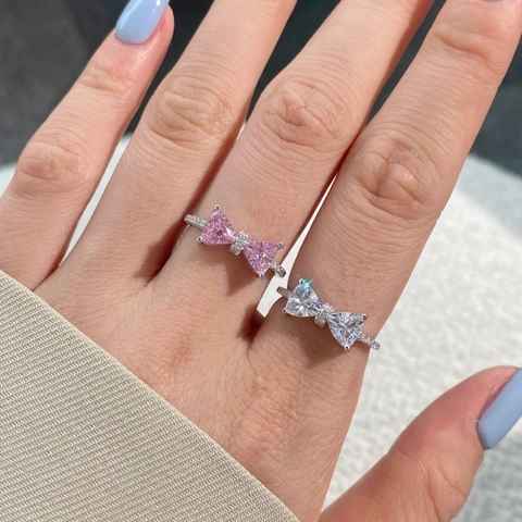 Anello a Fiocco in Argento Sterling S925 per Donna con Zirconia Rosa Bianca Intarsiata Anello Regolabile Gioielli alla Moda Eleganti