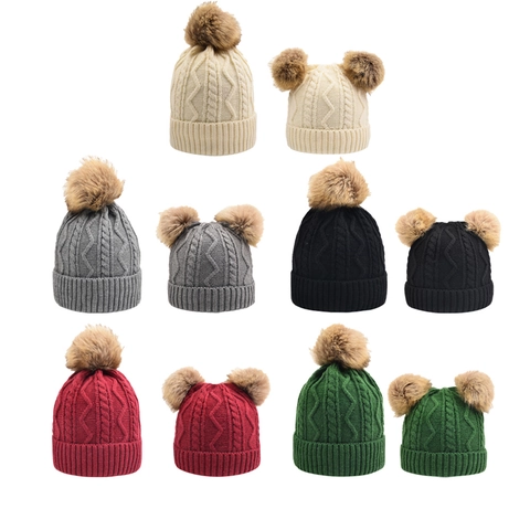 Winter Cable Knit Beanie Hat Thick Warm Acrylic Detachable Faux Fur Pom Pom For Women And Kids Parent Child Matching
