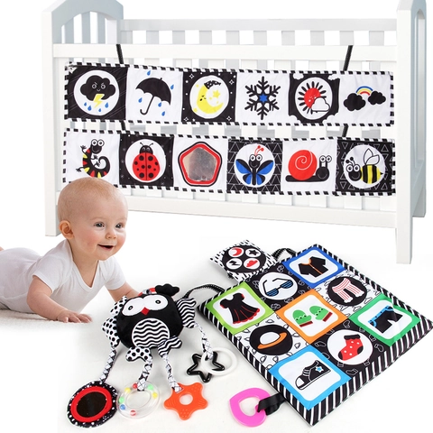 Baby Cloth Book Crib Bumper Toy Black White High Contrast Visual Stimulation Sensory Development Owl Rattle Teether Mirror