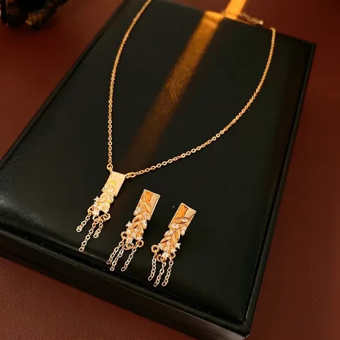 Vintage Wheat Ear Tassel Necklace Dangle Earrings Zircon Gold Plated Copper Jewelry With Silver Earring Post Women