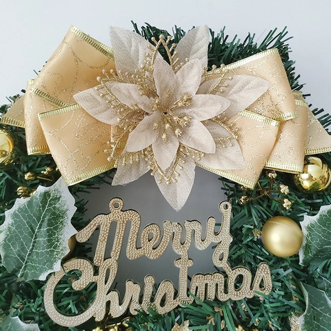 Artificial Christmas Wreath With Gold Flowers Reindeer Bowknot Merry Christmas Sign For Front Door Hanging Wall Decoration