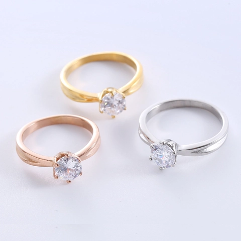 Stainless Steel Ring Round Cubic Zirconia Six Prong Classic Elegant Crown Design Solitaire Jewelry For Women Fashion Commute
