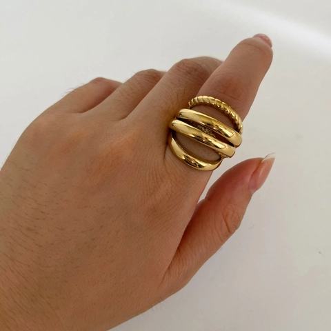 Anillo Hueco De Varias Capas Chapado En Oro De 18K Acero Inoxidable 316L Apilable Textura De Cuerda Joyería Mujer