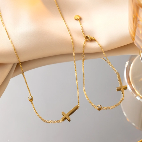 Collana E Bracciale In Acciaio Inossidabile Con Ciondolo A Croce E Zirconia Catena Minimalista Elegante Gioielli Per Donne