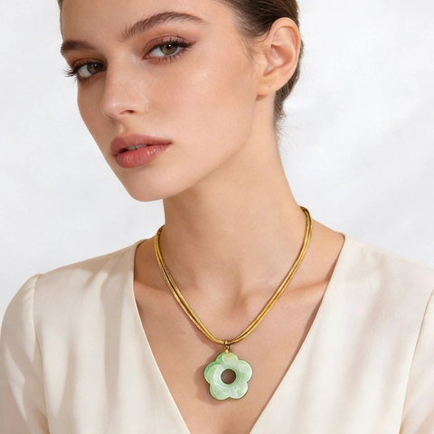 Elegant Flower Pendant Necklace With Double Layer 304 Stainless Steel Snake Bone Chain Trendy Acrylic Jewelry For Women