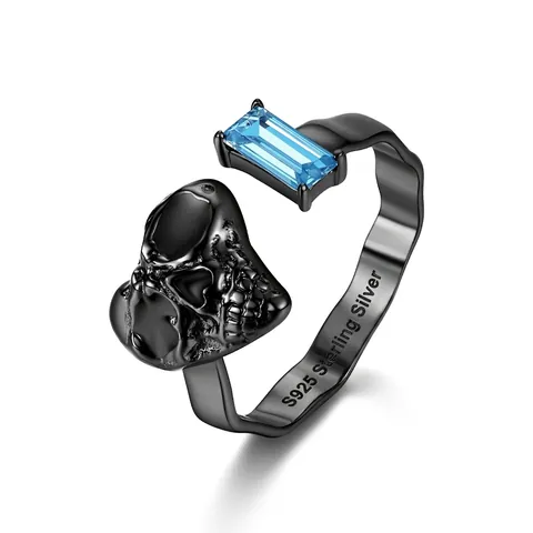Anello Regolabile Con Teschio In Argento Sterling 925 Gioielli Gotici Neri Vintage Con Pietra Preziosa Blu Rettangolare