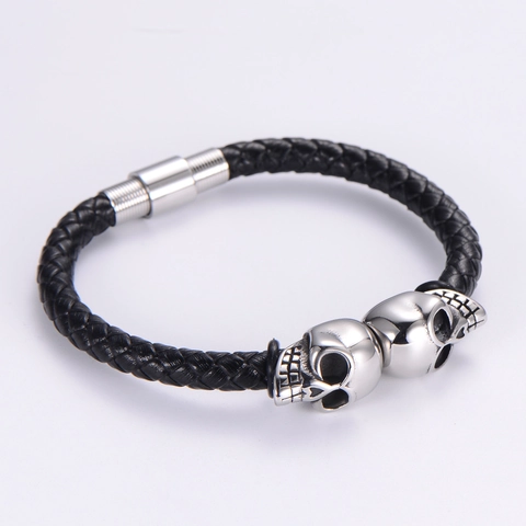 Bracciale Da Uomo Teschio Punk Rock Acciaio Inossidabile Chiusura Magnetica Pelle PU Intrecciata Gioielli Gothic Streetwear