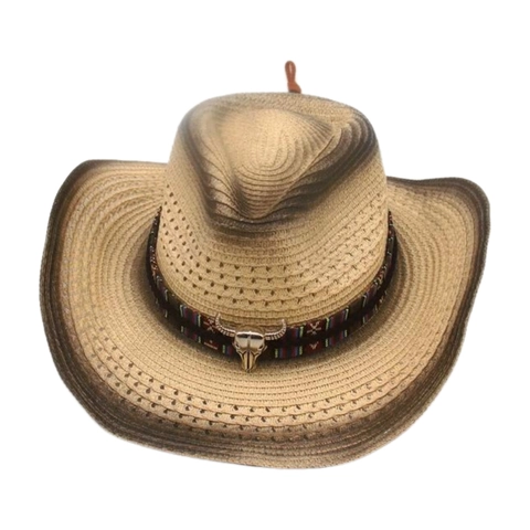 Western Cowboy Strohhut Sonnenschutz Atmungsaktiv Strand Outdoor Ethno Band Bullenschädel Dekor Für Damen Herren