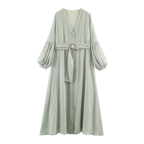 Vestito Maxi Da Donna Chiffon Swiss Dot Scollo A V Maniche Lunghe A Lanterna Con Cintura Fibbia Tonda Stile Vintage